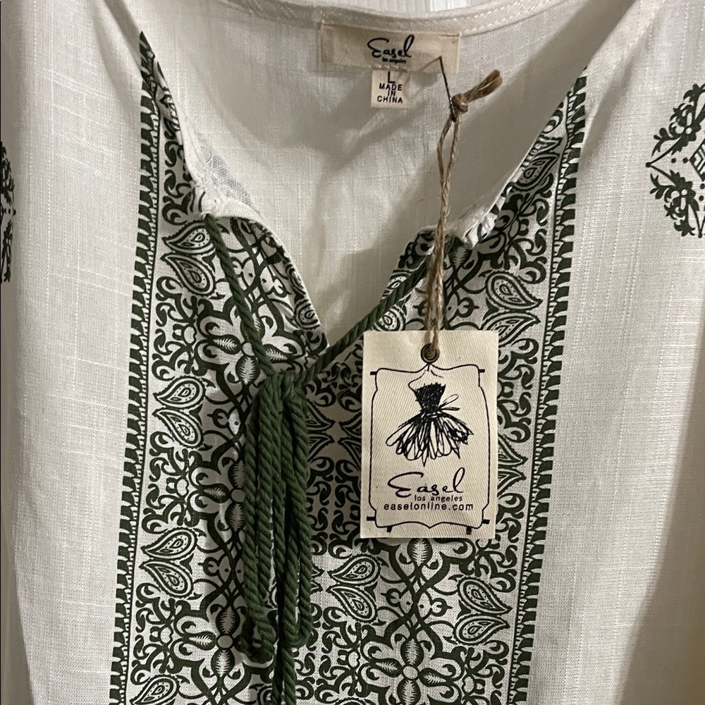 easel Cream Peasant Top with Green Print and Tassels - Picture 2 of 4